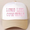 Detail of Long Live Cow Girls embroidery on a foam trucker hat with mesh back - One Size / Khaki