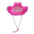 Detalle de sombrero vaquero rosa con tiara plateada y piedras de colores con borde de plumas - Adulto 58CM / Pluma Rosa Rojo Con Hilo de Plata