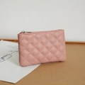 Soft pink quilted PU leather coin purse with classic diamond stitch and silver zipper - Pink