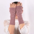 Women's fingerless knit arm warmer gloves in dusty pink featuring leaf hollow pattern - Dusky Pink