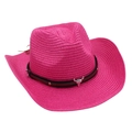 Detail of rose pink straw cowboy hat with leather band and metal bull head pendant - One Size / Rose Red