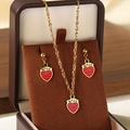Sweet red strawberry enamel pendant jewelry set with golden necklace and earrings - Jewelry Box Packed Red Strawberry 3-Piece Set (KS226000-Z)