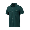 Detail view of waffle texture fabric and chest pockets on dark green casual shirt - Dark Green