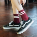 Ribbed knee-high cotton socks in burgundy with white stripes and collegiate style - Double Stripe Socks (Wine Red)