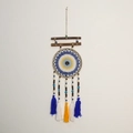 Boho Evil Eye dream catcher wall hanging with blue yellow cotton tassels and wood beads - 4023 With Wood Stick