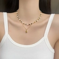 Baroque pearl layered necklace with amber oval pendant and colorful beaded strand - 31# Brown - 2pcs Set (Real Gold Plated)