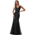 Elegant black sleeveless V-neck mermaid evening gown with shimmering sequin embroidery - US size 2 / Black