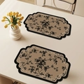 Waterproof khaki leather table mat set of 2 with vintage floral patterns and wavy edges - Map Shape Badge / 4 Pieces / French Vintage Style-N