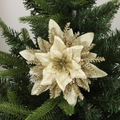 Sparkling cream poinsettia Christmas tree ornament with elegant golden glitter edges - Gold Vine Flower