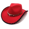 Red western cowboy hat with silver bull head accessory and black woven brim detailing - M (56-58cm) / Red