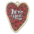 Pendentif cœur léopard rouge et noir avec texte Love you et bordure en alliage doré - 31x24mm / Cœur Léopard Rouge