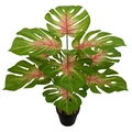 Close-up of artificial Monstera plant with pink and green gradient leaves in black pot - 12-Head Red Heart Monstera (Without Pot)