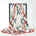 Elegant geometric chain print faux silk scarf with striped borders and smooth satin finish - 90*90cm / Red and Green Chain