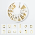 Golden hollow geometric metal nail art charms set in a white multi-grid storage wheel - Square Hollow Series (XY-12)