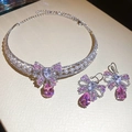 Sparkling bowknot jewelry set with pink crystal necklace and earrings for women - Two-Piece Set / 51# Silver Pink Bow Set