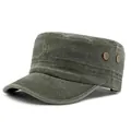 Classic dark olive green flat top military cap made of washed cotton canvas material - Adjustable / Army Green