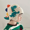 Cream knit baby earflap hat with green dinosaur embroidery and colorful soft spikes - Dinosaur Tail Single Hat - Beige