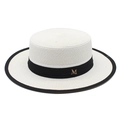 French style white boater straw hat with black ribbon trim and gold M metal buckle - M (56-58cm) / White