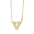 Gold plated initial V pendant necklace with cubic zirconia pave stones on box chain - Letter V