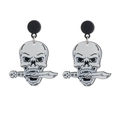 Macro detail of gothic skull with sword acrylic earrings in punk black and white style - Skull Biting Sword