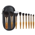 Set de 9 brochas de maquillaje de viaje con mangos de madera y estuche de cuero negro - Juego de 9 Mini Brochas Mango Madera Natural Bolsa Negra