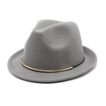Detail view of grey wool fedora hat featuring black string and gold metal buckle trim - M (56-58cm) / Light Gray