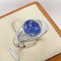 Minimalist silver steel ring featuring an oval blue lapis lazuli gemstone setting - US 6 / Silver Lapis Lazuli