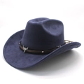 Detail of navy blue felt cowboy hat with silver bull head ornament and leather band - M (56-59cm) / Navy Blue (Suede)