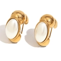 Orecchini vintage in acciaio inossidabile placcato oro 18K con perle bianche ovali - Orecchini a bottone a forma di bruco / Oro con perla bianca