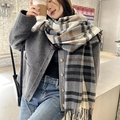 Thick plaid scarf in black, grey, and beige tones with tassels for winter warmth - 68*176cm / Black