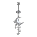 Silver crescent moon belly button ring with white shell inlay and dangling star chains - #8 Moon Star Tassel Dangle