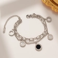 Silver double-layer titanium steel bracelet with Roman numeral black and white charms - Silver