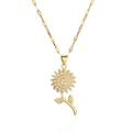 Gold-plated sunflower spinning pendant necklace with zircon stones on flat link chain - Gold + Lip Chain - Rotating Double Sunflower