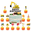 Construction theme kids birthday cake topper set with excavator and traffic sign motifs - Construction Excavator Cake Topper Set
