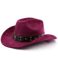 Détail d'un chapeau de cow-boy violet avec ruban en cuir noir et boucle tête de taureau - M (56-58cm) / Bordeaux