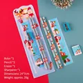 5-piece Christmas stationery set with pencils, ruler, eraser and sharpener in red-blue theme - Blue