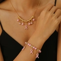 Pink ribbon awareness jewelry set with gold chains, pearls, and crystals for women - Pink Ribbon Pendant Jewelry 2-Piece Set (Necklace+Bracelet)