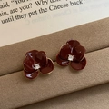 Vintage style deep red petal earrings with crystal center on a velvet jewelry tray - 76# Silver Earring Post Gold Red Real Gold Drip Glaze Red Flower