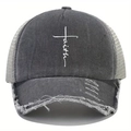 Dettaglio cappello grigio stile vintage con stampa Faith e rete traspirante posteriore - Grigio