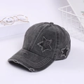 Vintage grey washed cotton baseball cap with sequined star patch and white stitching - L(58-60cm) / Black