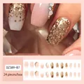 French press-on nails DZ389-B7 in nude pink with glitter gradient and rhinestones - Jelly Glue Type / DZ389-B7 Gold Piled Rhinestones