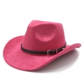 Hot pink wide brim western cowboy hat in faux suede with decorative buckled leather band - M (56-58cm) / Rose Red Faux Suede