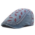 Faded blue denim newsboy cap with red fishbone embroidery and contrast stitching - Blue