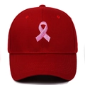 Detail showing high-quality red baseball cap with pink ribbon embroidery on front - Adjustable / Burgundy