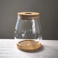 Creative glass hydroponic vase with a cork lid hole and natural wooden base stand - Teardrop Small with Bamboo Mat