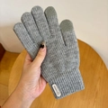 Grey thick knitted winter gloves with touchscreen fingertips and fashion patch - Touchscreen Vertical Label Gray