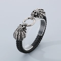 Men's black braided leather bracelet featuring silver Indian chief skull metal charms - Indian Chief Skull (KB38190-D)