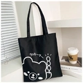 Large black canvas tote bag with white cartoon bear and wide shoulder straps - Black Style 5 (Cartoon Bear)