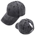 Detalle de gorra de béisbol de algodón lavado con textura desgastada y abertura para coleta - Negro y Gris / Ajustable