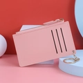 Pink faux leather card holder with top zipper, 3 card slots, and gold keychain ring - Pink